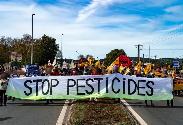 A large “Stop pesticides” (“Stop pesticides”) banner leads the march on the road out of Gaillon