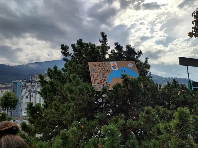 A sign about triazole in Lake Geneva’s water hung in a pine tree