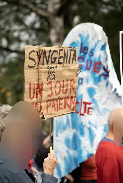 A protester holds up a sign reading “Syngenta, one day you’ll pay” (“Syngenta, un jour tu paieras”)