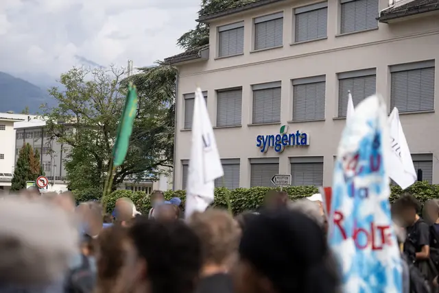 Protesters gathered in front of the Syngenta building in Monthey