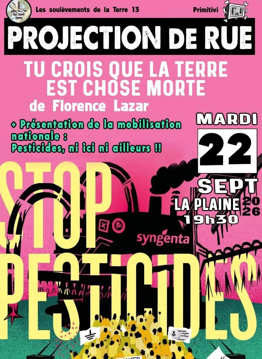 ملصق الأمسية الإعلامية Stop Pesticides في La Plaine، مرسيليا، يوم 22 سبتمبر 2026